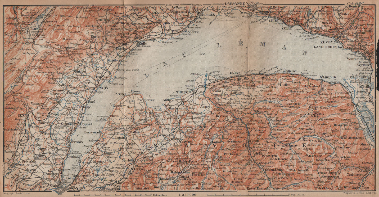 LAKE GENEVA/LAC LÉMAN. St Cergue Chatel St Jean d'Aulph Lausanne Evian 1901 map